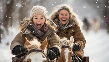 ai généré deux Jeune femmes souriant, portant chaud vêtements, profiter hiver en plein air généré par ai photo