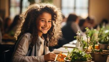 ai généré souriant femelles séance à l'intérieur, à la recherche à caméra, profiter repas généré par ai photo