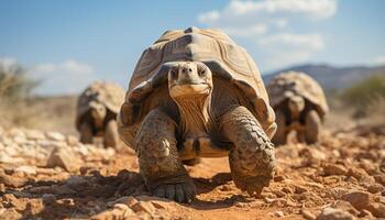 ai généré mignonne tortue rampant sur sec terre dans faune réserve généré par ai photo