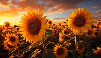 ai généré tournesol prairie, la nature vibrant beauté dans une été le coucher du soleil généré par ai photo