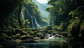 ai généré majestueux tropical forêt tropicale, écoulement eau, tranquille scène, vert paysage généré par ai photo