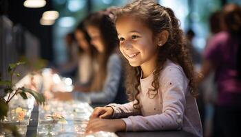 ai généré souriant les filles séance ensemble, profiter enfance, à la recherche à caméra généré par ai photo