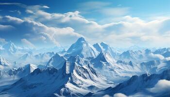 ai généré majestueux Montagne culminer, bleu ciel, neige couvert paysage, tranquille la nature généré par ai photo