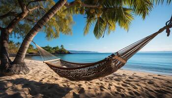 ai généré tranquille coucher de soleil, hamac balançant, paume des arbres, turquoise des eaux, tropical paradis généré par ai photo