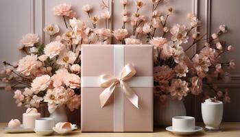 ai généré une cadeau boîte sur une en bois tableau, décoré avec fleurs généré par ai photo