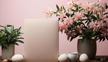 ai généré Frais rose fleurs décorer le moderne table à l'intérieur généré par ai photo