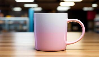 ai généré café tasse sur en bois bureau dans moderne café magasin généré par ai photo