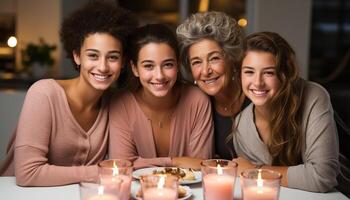 ai généré souriant femmes à l'intérieur, à la recherche à caméra, amitié, unité, fête généré par ai photo