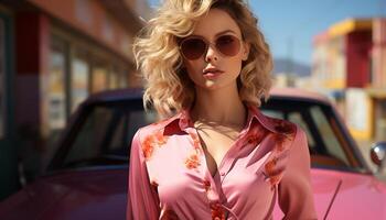 ai généré magnifique femme dans des lunettes de soleil, conduite ancien voiture, exsudant confiance généré par ai photo