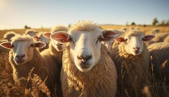 ai généré mignonne Jeune agneaux pâturage dans vert Prairie à le coucher du soleil généré par ai photo