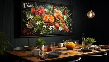 ai généré frais, en bonne santé repas sur rustique en bois table avec vert décoration généré par ai photo