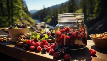 ai généré Frais baie fruit sur rustique bois table dans la nature généré par ai photo