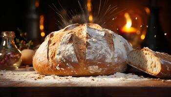 ai généré fraîchement cuit pain ciabatta, une rustique fait maison repas sur en bois table généré par ai photo