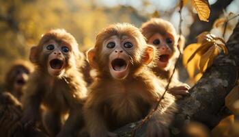 ai généré mignonne singe en jouant dans le forêt, souriant et en hurlant Heureusement généré par ai photo