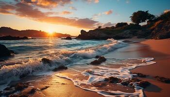 ai généré le coucher du soleil plus de le tranquille littoral, vagues reflétant d'or lumière du soleil généré par ai photo