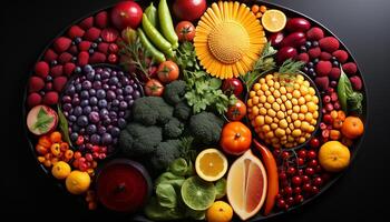 ai généré frais, en bonne santé des légumes et des fruits dans une coloré salade généré par ai photo