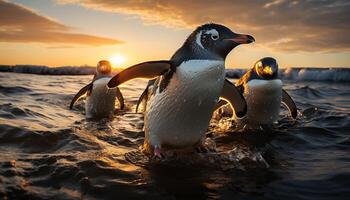 ai généré pingouins se dandiner sur glace, profiter le coucher du soleil tranquille réflexion généré par ai photo