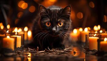 ai généré mignonne chaton en regardant, illuminé par chandelle, dans effrayant Halloween fête généré par ai photo