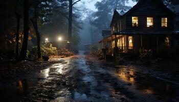 ai généré effrayant l'automne forêt, foncé mystère, illuminé par lanterne Jaune lueur généré par ai photo