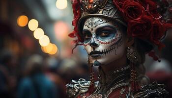 ai généré femmes dans traditionnel Festival costume à une effrayant Halloween fête généré par ai photo