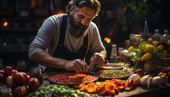 ai généré un homme cuisine en bonne santé, fait maison repas avec Frais Ingrédients généré par ai photo