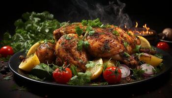 ai généré grillé poulet, Viande, tomate, légume, barbecue, cuit, fraîcheur, la volaille, en bonne santé en mangeant généré par ai photo