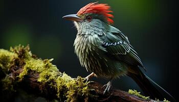 ai généré une petit, coloré oiseau perchoirs sur une branche dans le forêt généré par ai photo