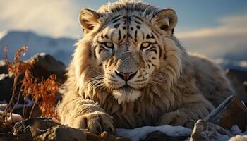 ai généré majestueux tigre repos dans le neige, regarder à région sauvage beauté généré par ai photo