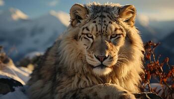 ai généré majestueux Lion dans hiver forêt, à la recherche à caméra avec intensité généré par ai photo