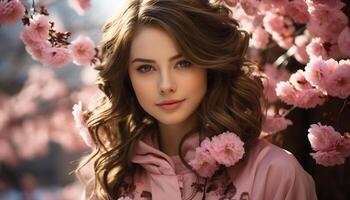 ai généré Jeune femme avec marron cheveux souriant, entouré par rose fleurs généré par ai photo