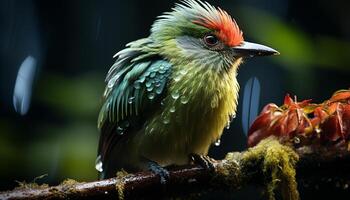 ai généré une coloré oiseau se percher sur une branche dans le forêt généré par ai photo