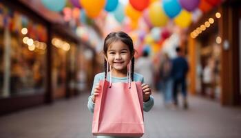 ai généré une mignonne fille souriant, en portant une sac, profiter achats en plein air généré par ai photo