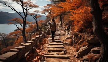 ai généré un la personne randonnée dans le l'automne forêt, profiter la nature généré par ai photo