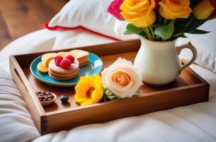 ai généré la Saint-Valentin jour, monde famille jour, romantique petit déjeuner dans lit, en bois plateau sur le lit, fleurs et Crêpes avec baies photo