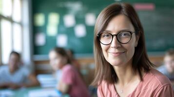 ai généré souriant femme avec lunettes. génératif ai. photo