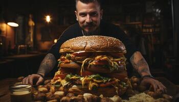 ai généré un homme séance à l'intérieur, en portant une Frais grillé Burger généré par ai photo