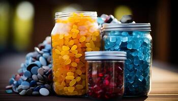 ai généré une coloré pot de fruit bonbons sur une en bois table généré par ai photo