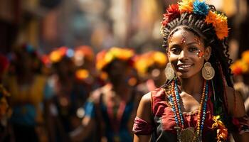 ai généré Jeune femmes dans traditionnel Vêtements célébrer brésilien culture avec samba dansant généré par ai photo