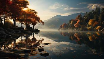 ai généré tranquille l'automne paysage arbre reflète dans paisible étang à le coucher du soleil généré par ai photo