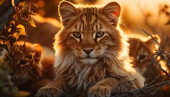 ai généré une mignonne chaton séance dans le herbe, à la recherche à le coucher du soleil généré par ai photo