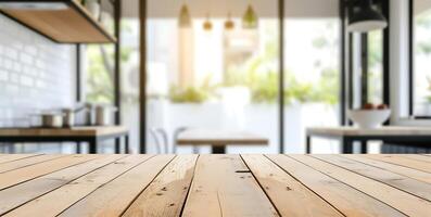 ai généré en bois table Haut dans moderne cuisine. génératif ai. photo