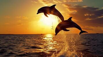 ai généré deux dauphins sauter en dehors de l'eau à le coucher du soleil. génératif ai. photo