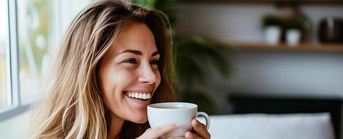 ai généré souriant femme en portant une tasse de café. génératif ai. photo