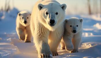 ai généré Trois espiègle Arctique animaux dans le neige, à la recherche de bonne humeur et mignonne généré par ai photo