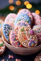 ai généré bol rempli avec décoré biscuits sur tableau. génératif ai. photo