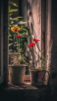 ai généré Jaune et rouge fleurs dans des pots supporter sur le rebord de fenêtre, baigné dans Naturel lumière. photo