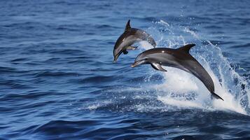 ai généré deux dauphins saut en dehors de le océan. génératif ai. photo