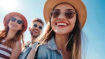 ai généré groupe de gens portant Chapeaux et des lunettes de soleil. génératif ai. photo