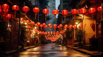 ai généré rouge papier lanternes décorer le des rues. photo