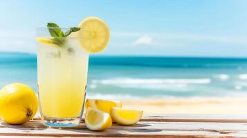 ai généré rafraîchissant limonade sur table par le océan. génératif ai. photo